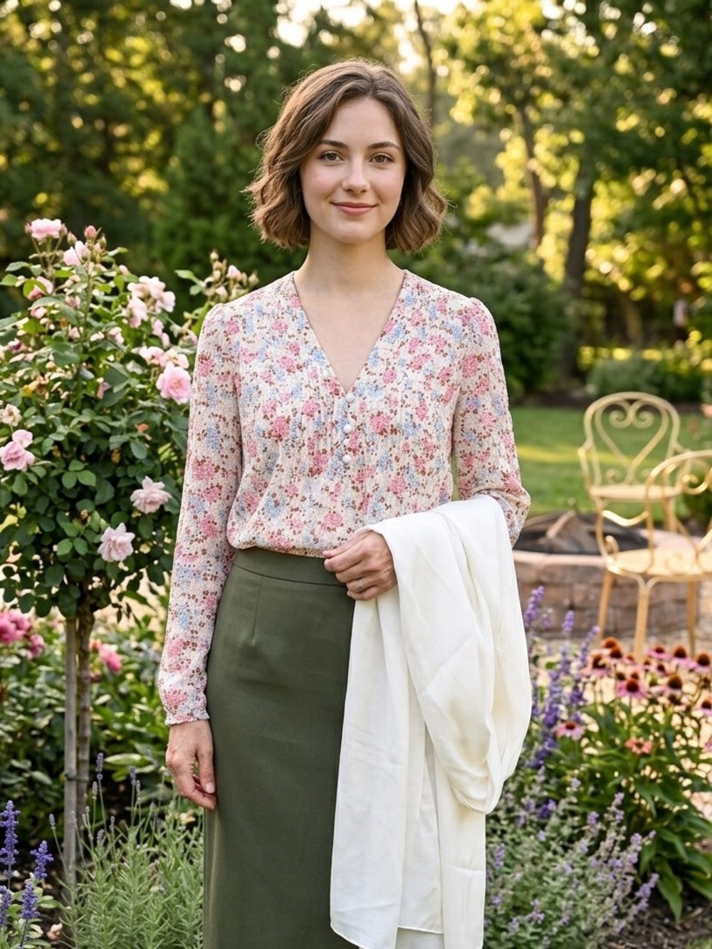 Veronica Beard Silk Cream Floral V-Neck Pintuck Blouse Size 0